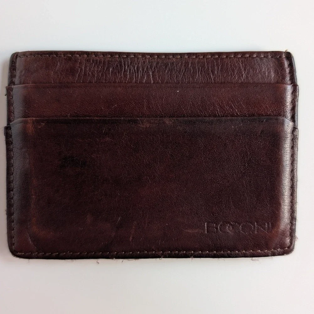 Boconi Mens Leather Card Case Wallet Brown Slim ID Window Front Pocket